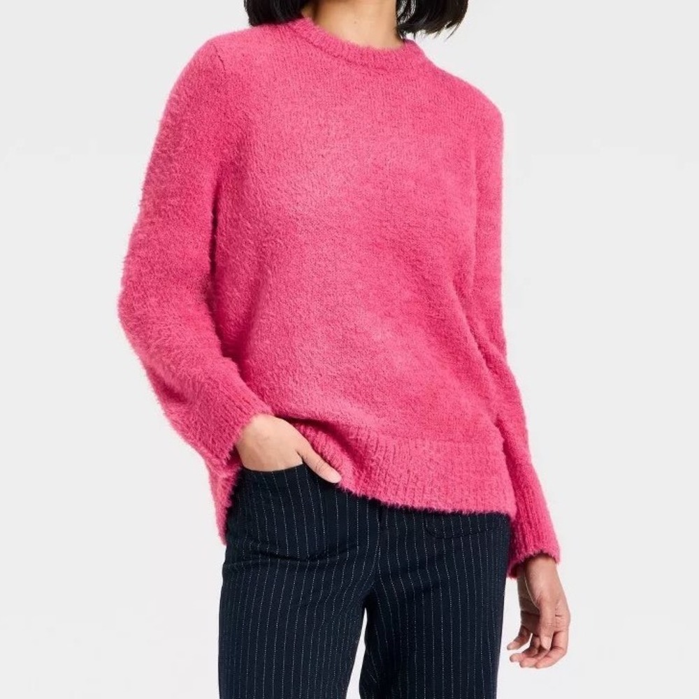 NEW A New Day Women M Fuzzy Pullover Sweater Crewneck Rib Knit Cozy Soft Pink